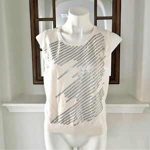 St. John Knit Tank Top Sequin Front Cream White Sweater Size L